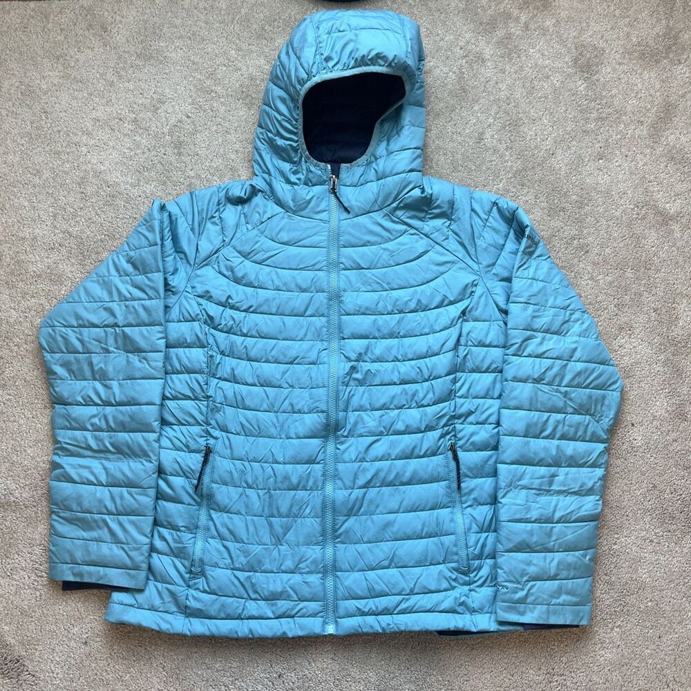Columbia Puffer Jacket White Out Womens XL Blue Hooded Omni-heat Long Outdoors